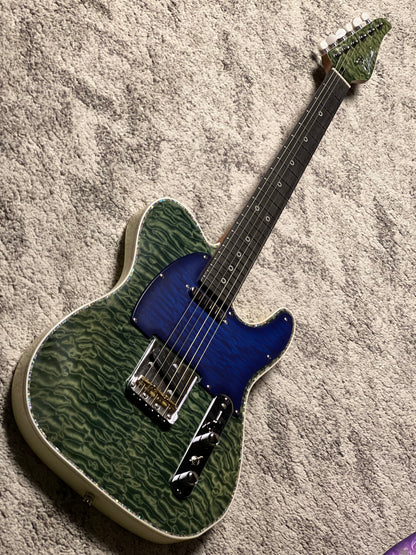 Dhatarattha Custom DTL Quilt in Moss Green with Rosewood FB and Blue Quilt Pickguard