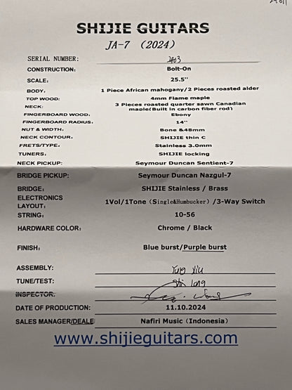 Shijie JA-7 Custom Shop in Transparent Purple Burst 2403