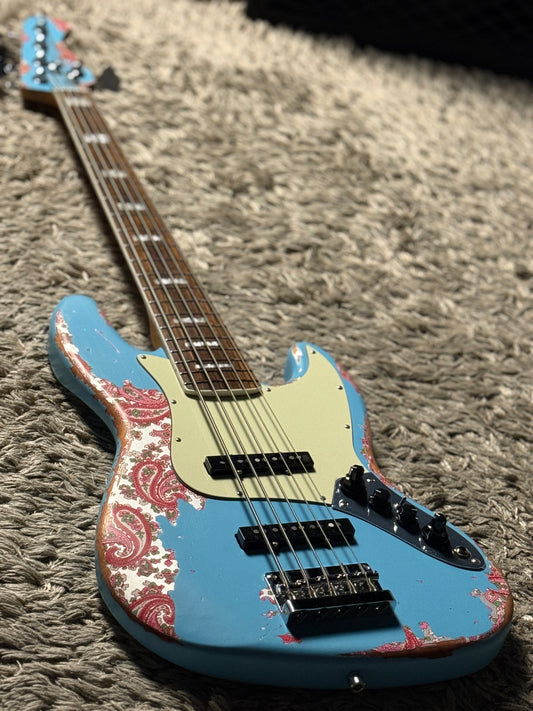 Dhatarattha Custom DEB 5 String Bass in Daphne Blue over Pink Paisley with RW FB and Nitrocellulose Lacquer Relic
