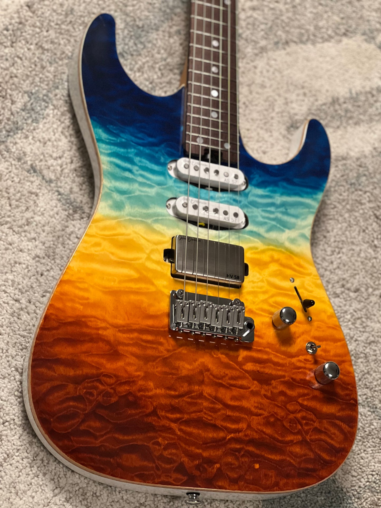 Soloking MS-1 Custom 24 HSS Quilt with Rosewood FB in Beach Sunset Surf Fade JESCAR