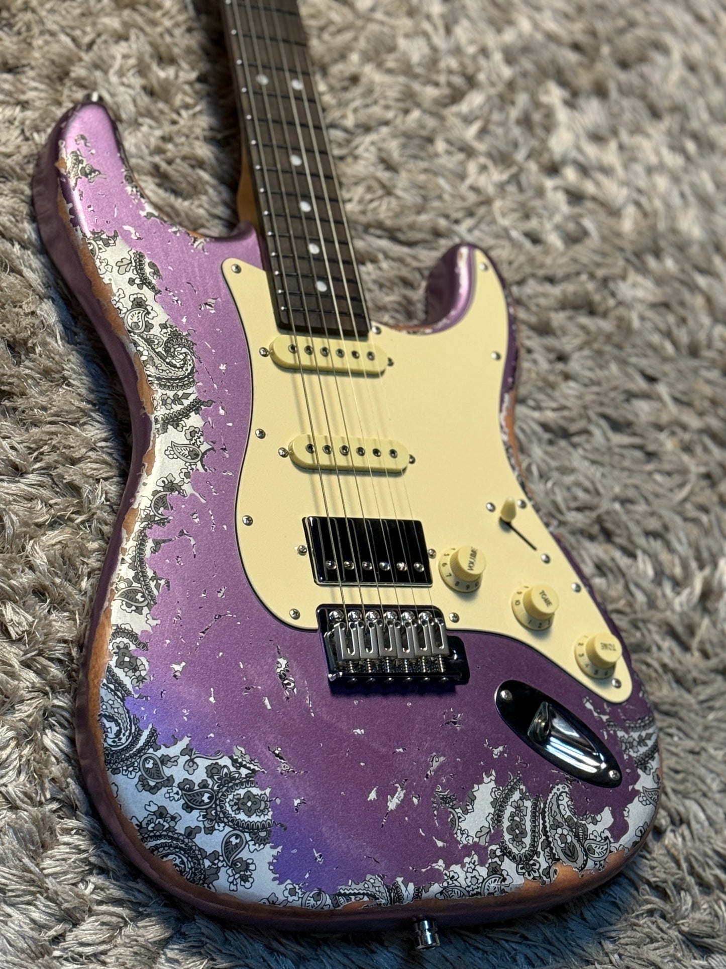 Dhatarattha Classic DST HSS in Violet Purple over Black Paisley with Rosewood FB and Nitrocellulose Lacquer Relic