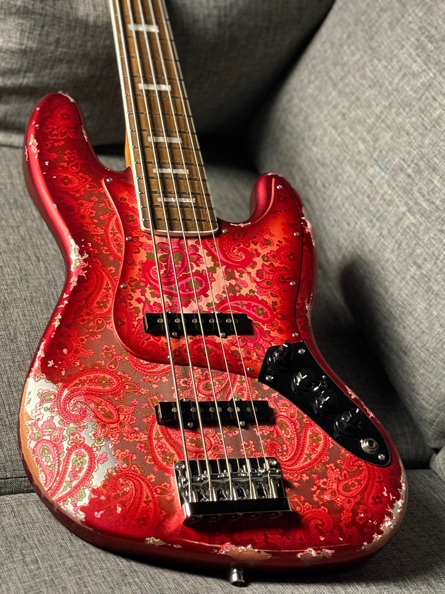 Dhatarattha Custom DEB 5 String Bass in Pink Paisley with RW FB and Nitrocellulose Lacquer Relic