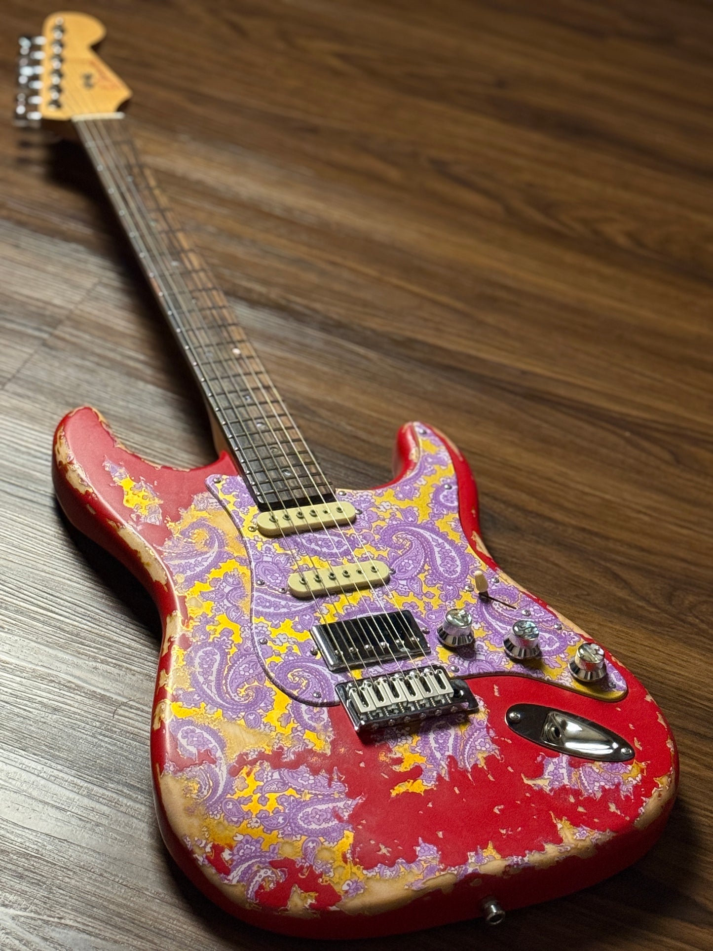 Dhatarattha Classic DST HSS in Candy Apple Red over Purple Paisley with Rosewood FB and Nitrocellulose Lacquer Relic
