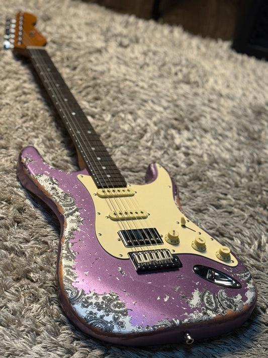 Dhatarattha Classic DST HSS in Violet Purple over Black Paisley with Rosewood FB and Nitrocellulose Lacquer Relic