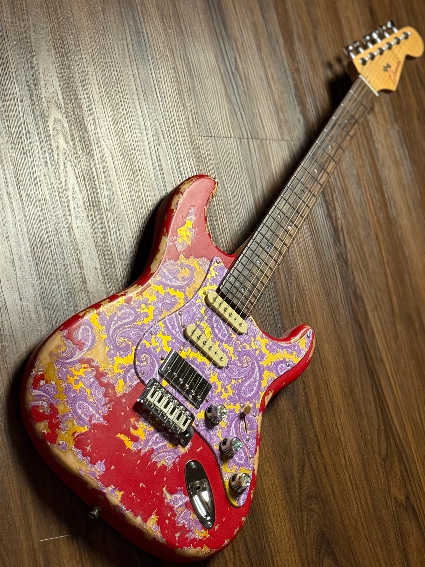 Dhatarattha Classic DST HSS in Candy Apple Red over Purple Paisley with Rosewood FB and Nitrocellulose Lacquer Relic