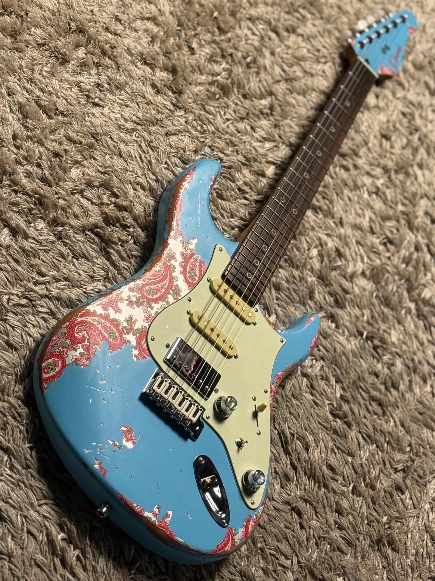 Dhatarattha Performance DST HSS in Daphne Blue over Pink Paisley with RW FB and Nitrocellulose Lacquer Relic
