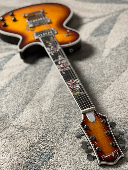 Dhatarattha Custom DLP in Iced Te Burst with 5A Quilt Top and Blooming Lilies Inlay