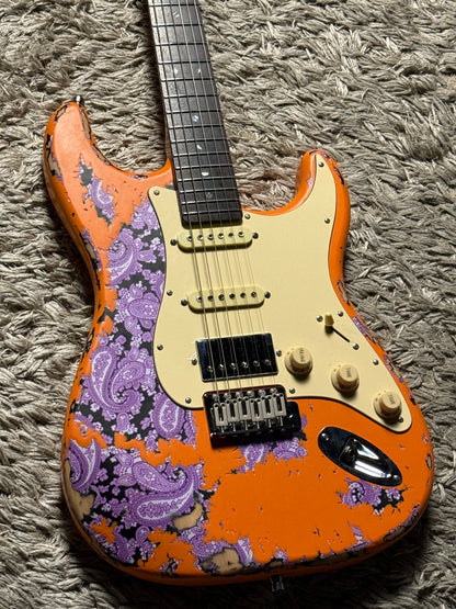 Dhatarattha Classic DST HSS in Capri Orange over Purple Paisley with Rosewood FB and Nitrocellulose Lacquer Relic