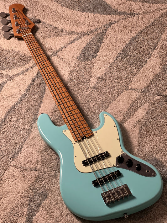 SQOE SJB650 Roasted Maple Series 5 String Bass in Vintage Sonic Blue