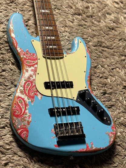 Dhatarattha Custom DEB 5 String Bass in Daphne Blue over Pink Paisley with RW FB and Nitrocellulose Lacquer Relic