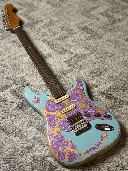 Dhatarattha Classic DST HSS in Daphne Blue over Purple Paisley with Rosewood FB and Nitrocellulose Lacquer Relic and Flame Neck