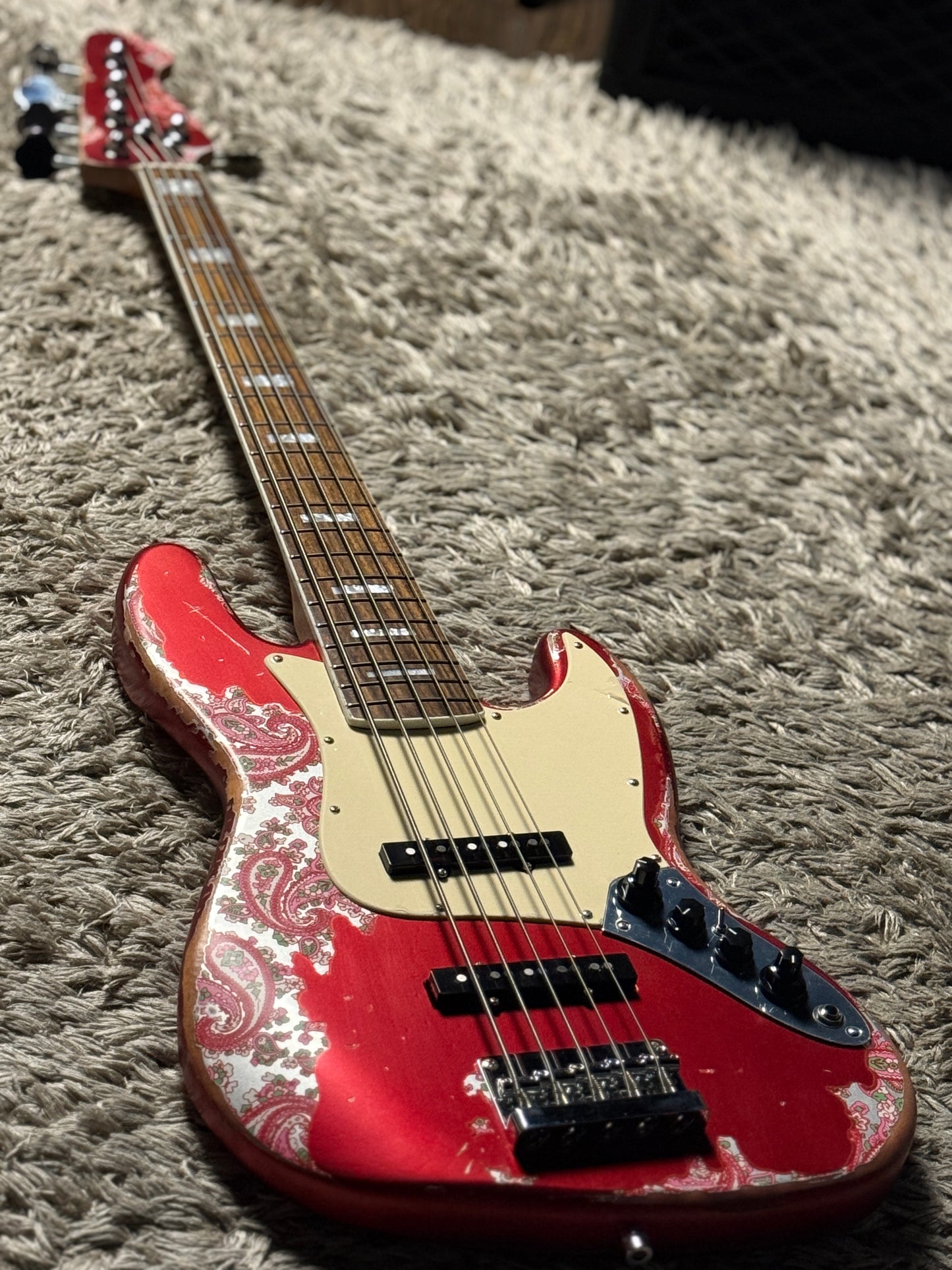 Dhatarattha Custom DEB 5 String Bass in Candy Apple Red over Pink Paisley with RW FB and Nitrocellulose Lacquer Relic