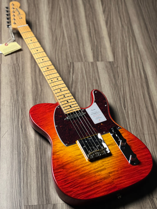 Fender Japan Hybrid II Telecaster with Maple FB in Flame Sunset Orange Transparent JD24010471