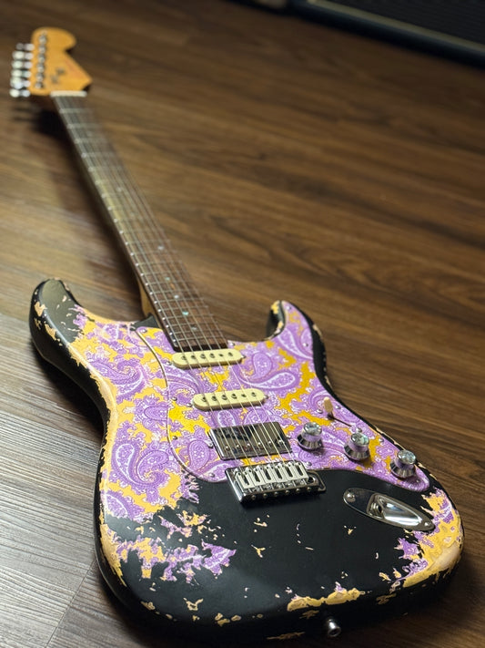 Dhatarattha Classic DST HSS in Black over Purple Paisley with Rosewood FB and Nitrocellulose Lacquer Relic