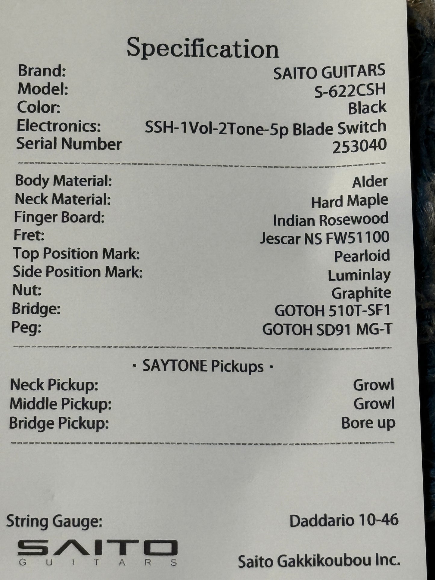 Saito S-622CS SSH Heritage with Rosewood in Black with Tortoise PG 253040