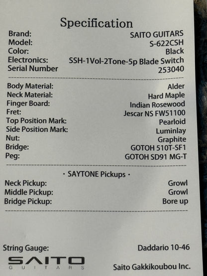 Saito S-622CS SSH Heritage with Rosewood in Black with Tortoise PG 253040