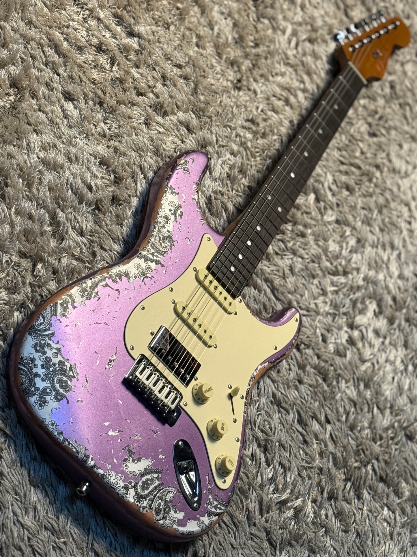 Dhatarattha Classic DST HSS in Violet Purple over Black Paisley with Rosewood FB and Nitrocellulose Lacquer Relic