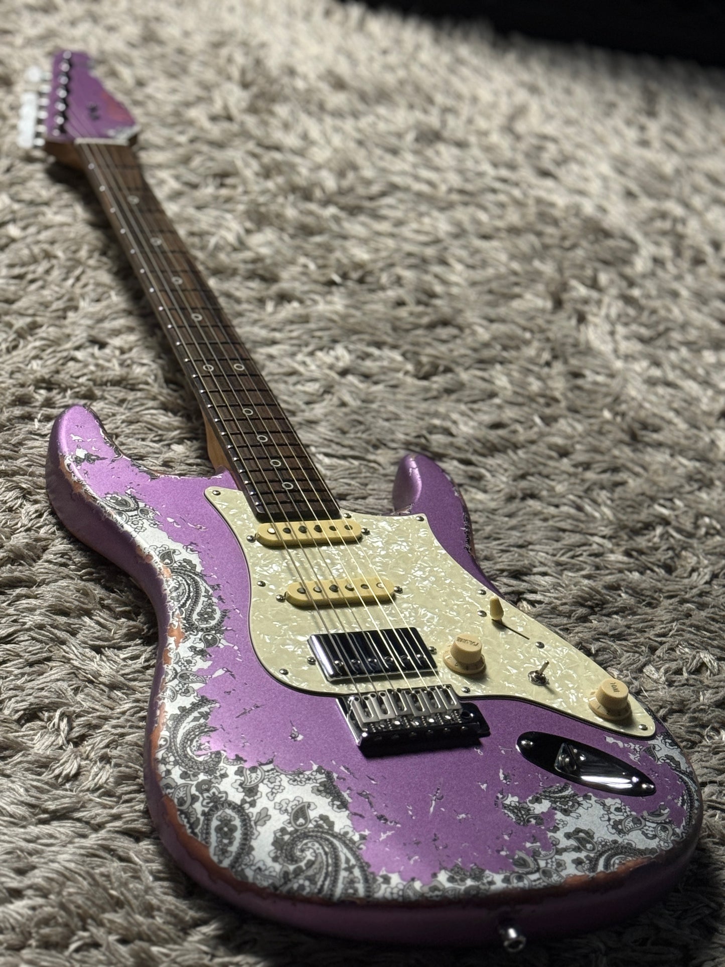 Dhatarattha Performance DST HSS in Violet Purple over Black Paisley with RW FB and Nitrocellulose Lacquer Relic