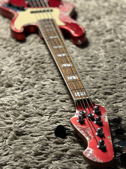 Dhatarattha Custom DEB 5 String Bass in Candy Apple Red over Pink Paisley with RW FB and Nitrocellulose Lacquer Relic