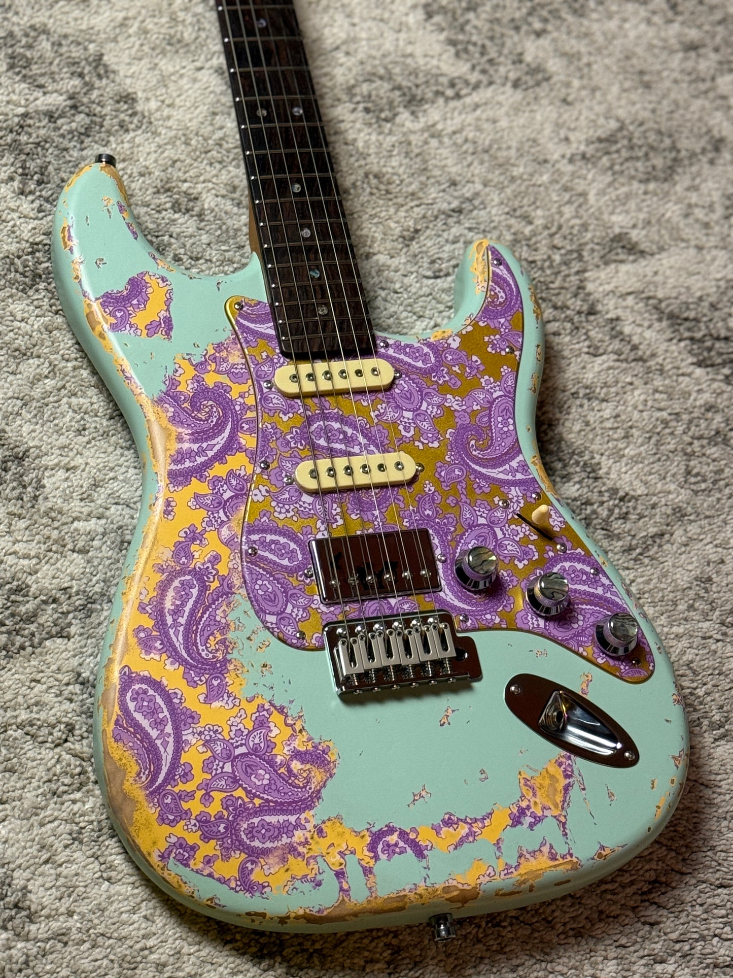 Dhatarattha Classic DST HSS in Surf Green over Purple Paisley with Rosewood FB and Nitrocellulose Lacquer Relic