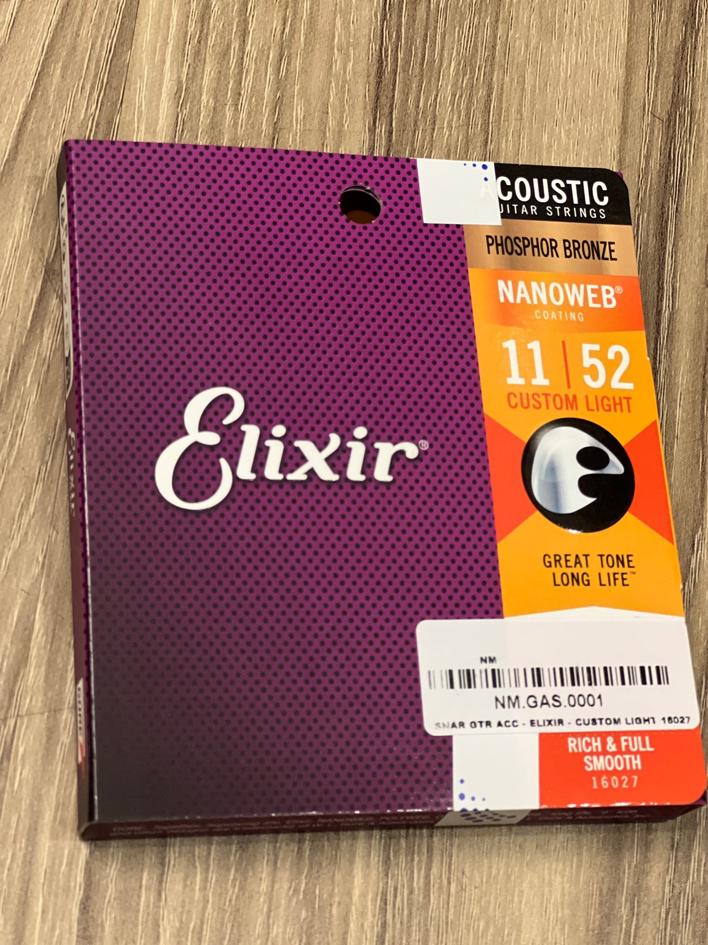 Elixir 16027 Nanoweb Phosphor Bronze Acoustic Guitar Strings, Custom Light, 11-52