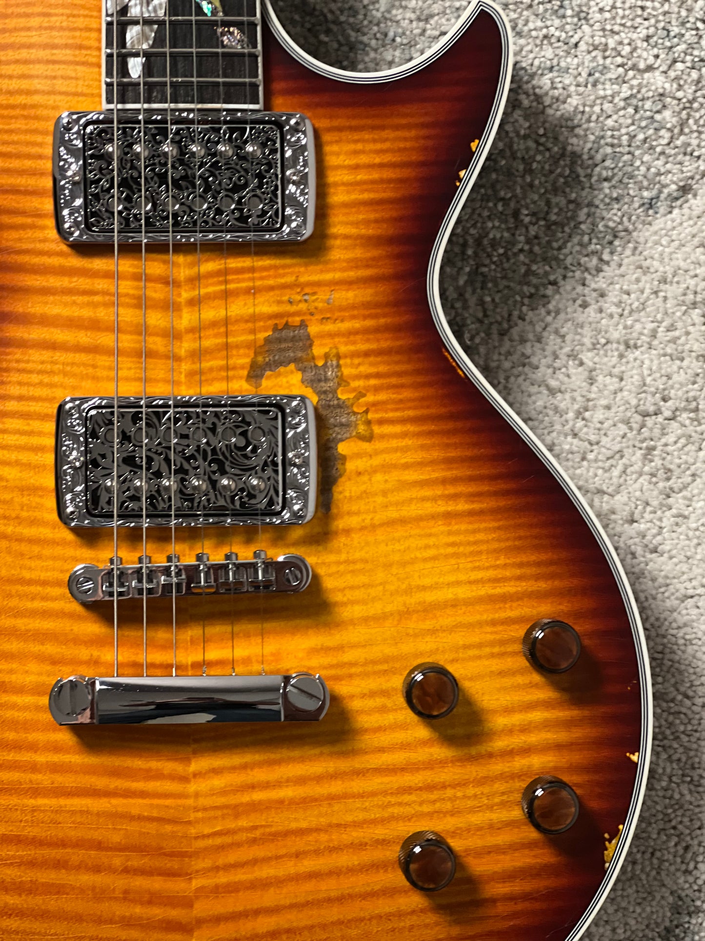 Dhatarattha Custom DLP in Iced Te Burst with 5A Quilt Top and Blooming Lilies Inlay