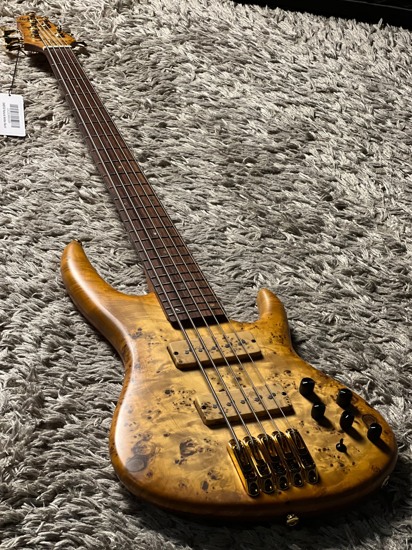 Soloking SWB550 Artisan Bass 5 String with Poplar Burl Top in Natural Amber Burst