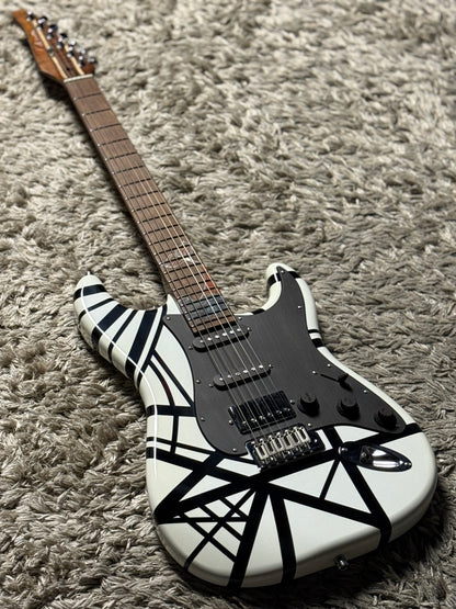 Dhatarattha Custom DST HSS in White with Black Stripes and "Whale Tail" Inlay