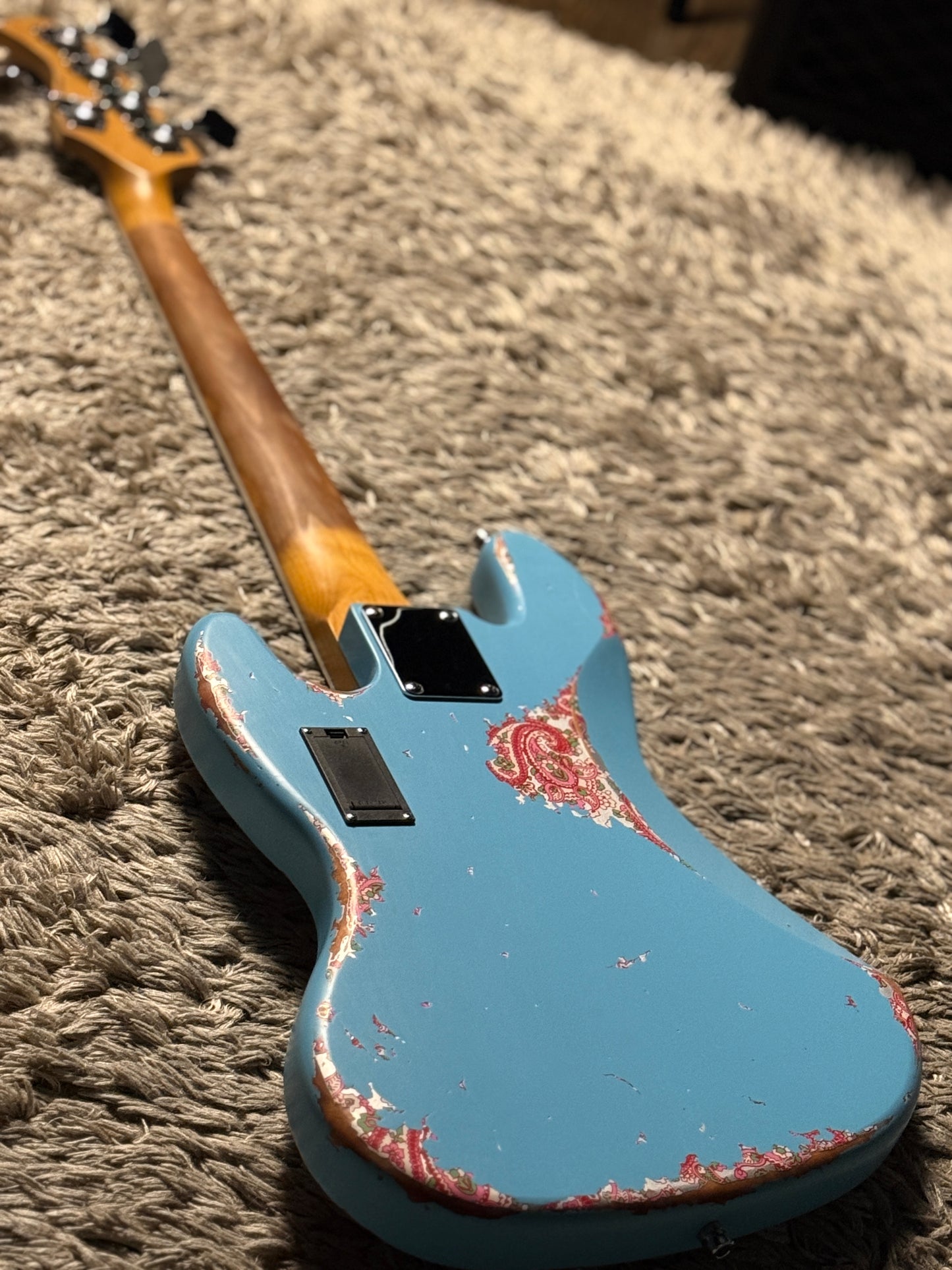 Dhatarattha Custom DEB 5 String Bass in Daphne Blue over Pink Paisley with RW FB and Nitrocellulose Lacquer Relic