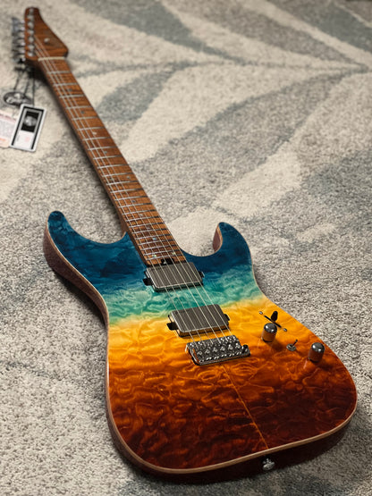 Soloking MS-1 Custom 24 HH Quilt Top FMN VT Roasted Flame Maple Neck in Beach Sunset Surf Fade JESCAR