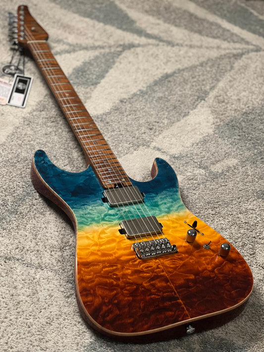 Soloking MS-1 Custom 24 HH Quilt Top FMN VT Roasted Flame Maple Neck in Beach Sunset Surf Fade JESCAR