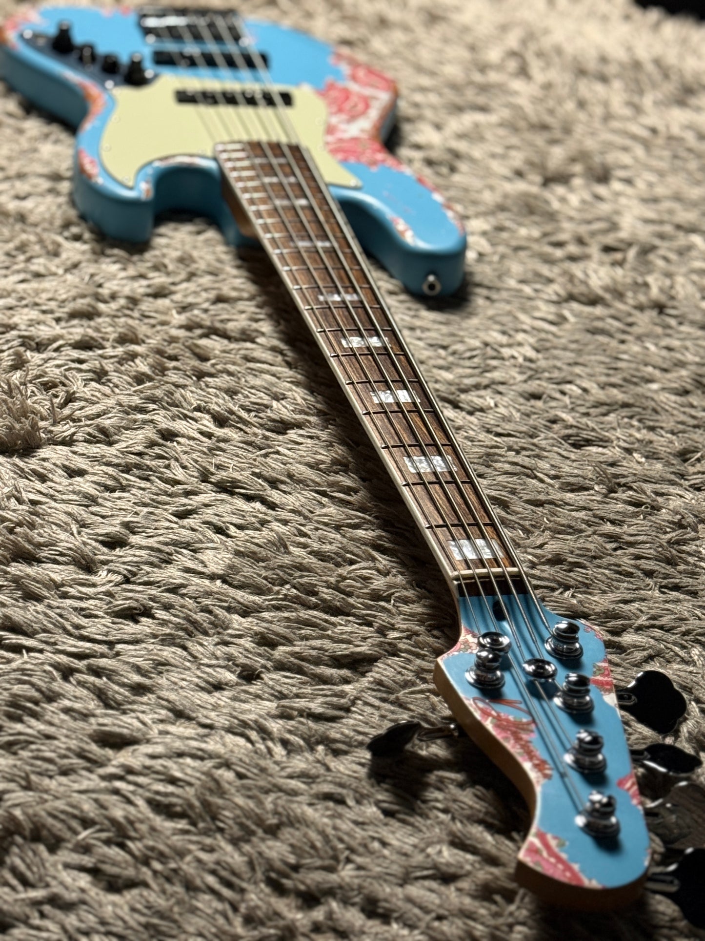 Dhatarattha Custom DEB 5 String Bass in Daphne Blue over Pink Paisley with RW FB and Nitrocellulose Lacquer Relic