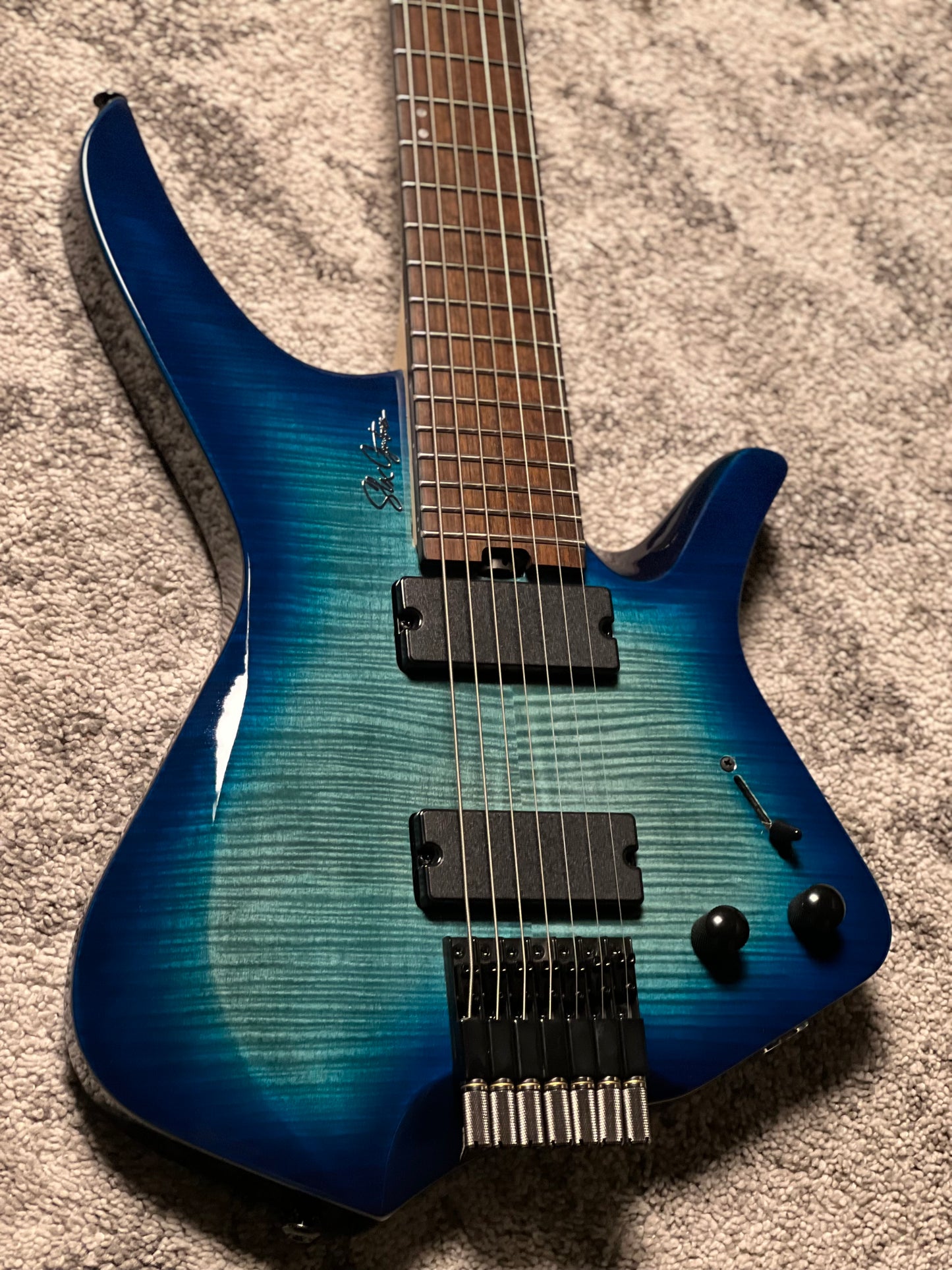 SLX Raptor Hybrid 7 Model A Headless with Flame Top in Ocean Blue Burst