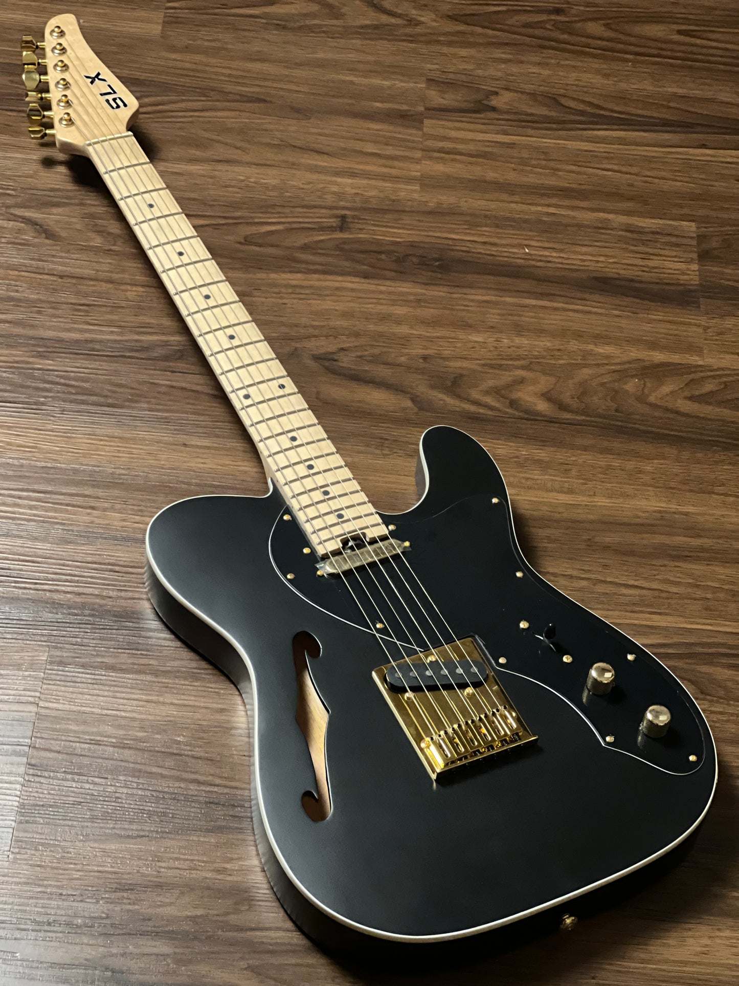 SLX Raven Thinline Deluxe in Black Satin with Maple FB and Gold Hardware