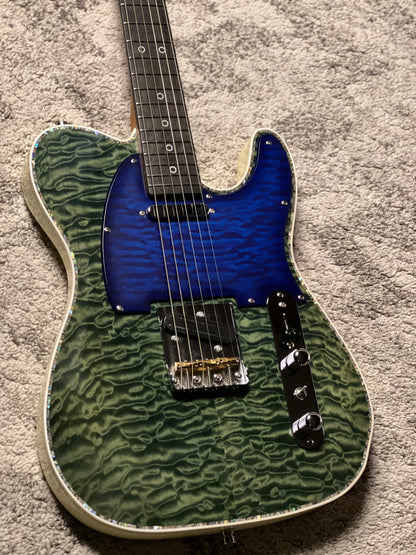 Dhatarattha Custom DTL Quilt in Moss Green with Rosewood FB and Blue Quilt Pickguard