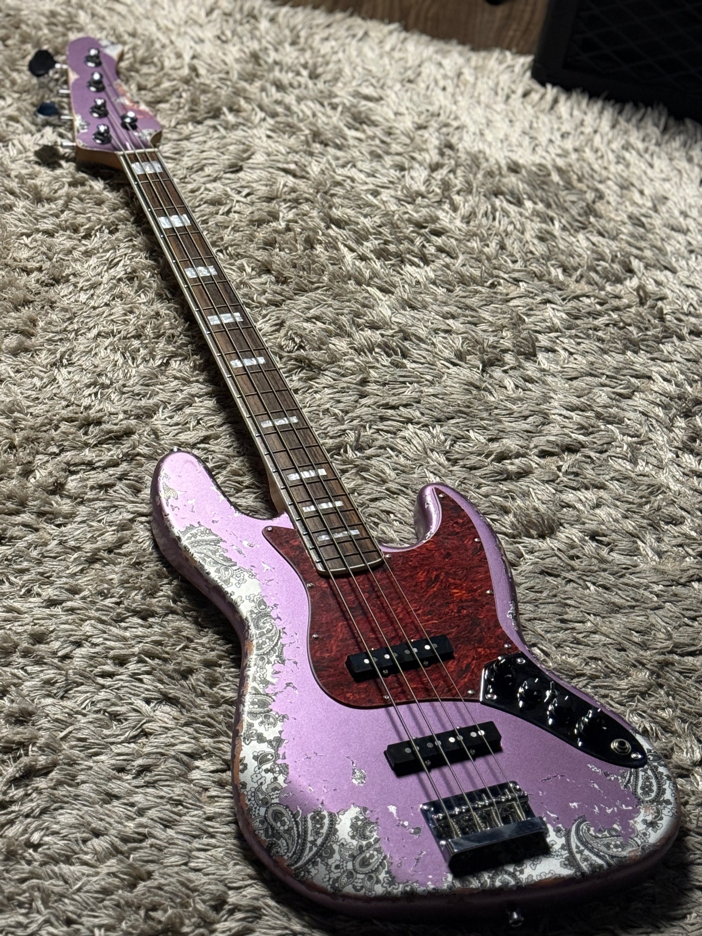 Dhatarattha Custom DEB 4 String Bass in Violet Purple over Black Paisley with RW FB with Nitrocellulose Lacquer Relic