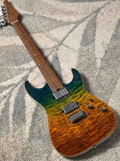 Soloking MS-1 Custom 24 HH Quilt FMN in Malibu Sunset Surf Fade White Back JESCAR with Fishman Fluence