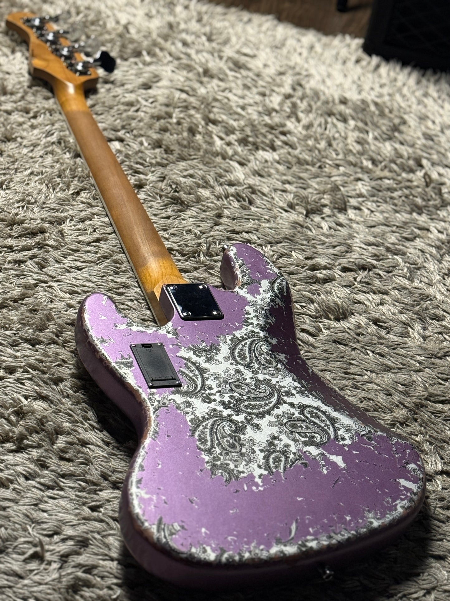 Dhatarattha Custom DEB 4 String Bass in Violet Purple over Black Paisley with RW FB with Nitrocellulose Lacquer Relic