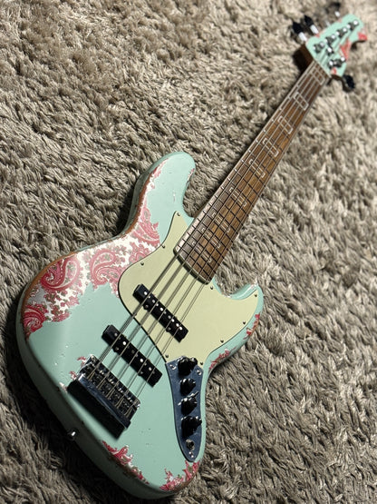 Dhatarattha Custom DEB 5 String Bass in Surf Green over Pink Paisley with RW FB and Nitrocellulose Lacquer Relic