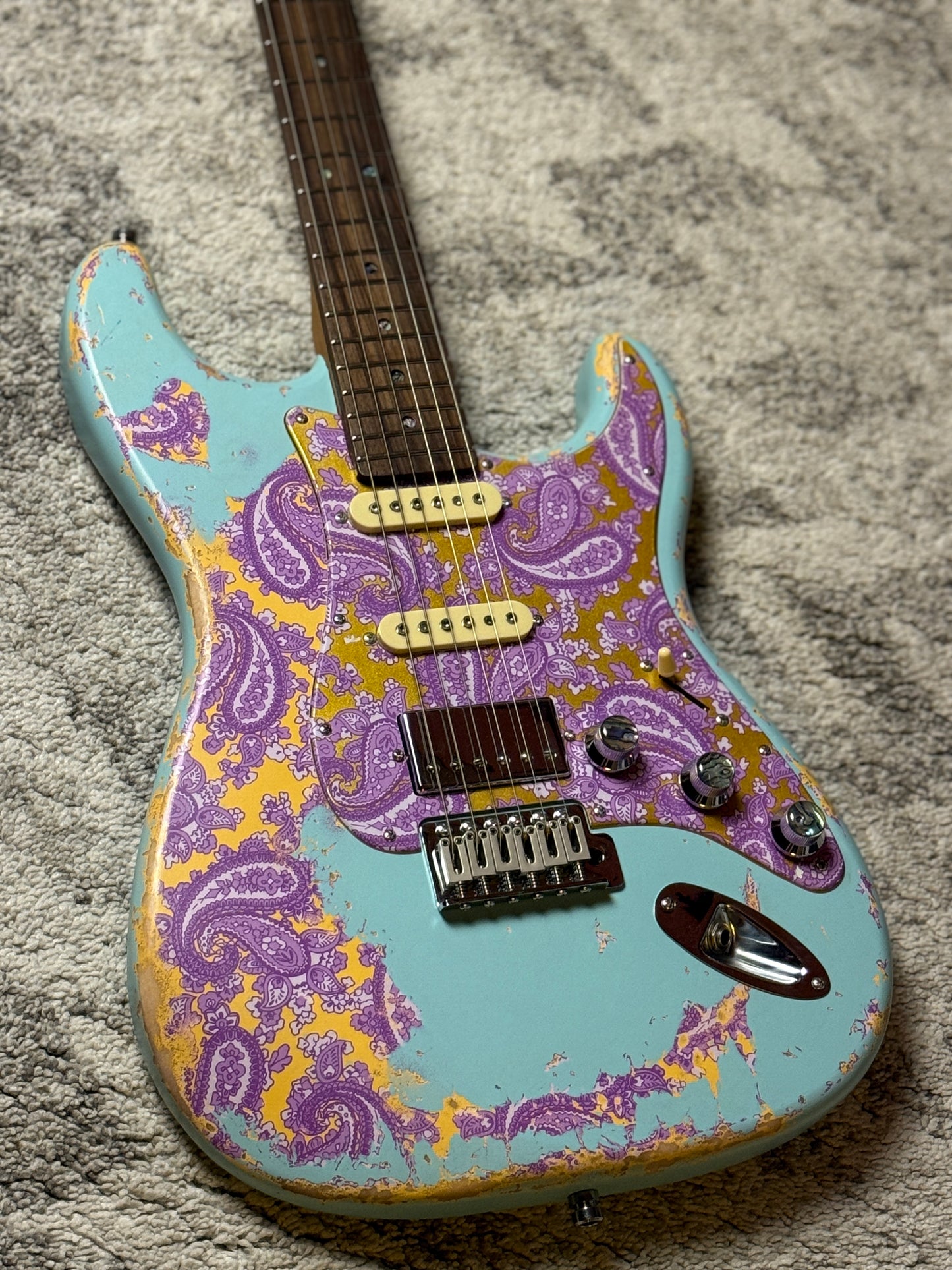 Dhatarattha Classic DST HSS in Daphne Blue over Purple Paisley with Rosewood FB and Nitrocellulose Lacquer Relic and Flame Neck
