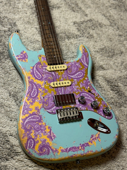 Dhatarattha Classic DST HSS in Daphne Blue over Purple Paisley with Rosewood FB and Nitrocellulose Lacquer Relic and Flame Neck