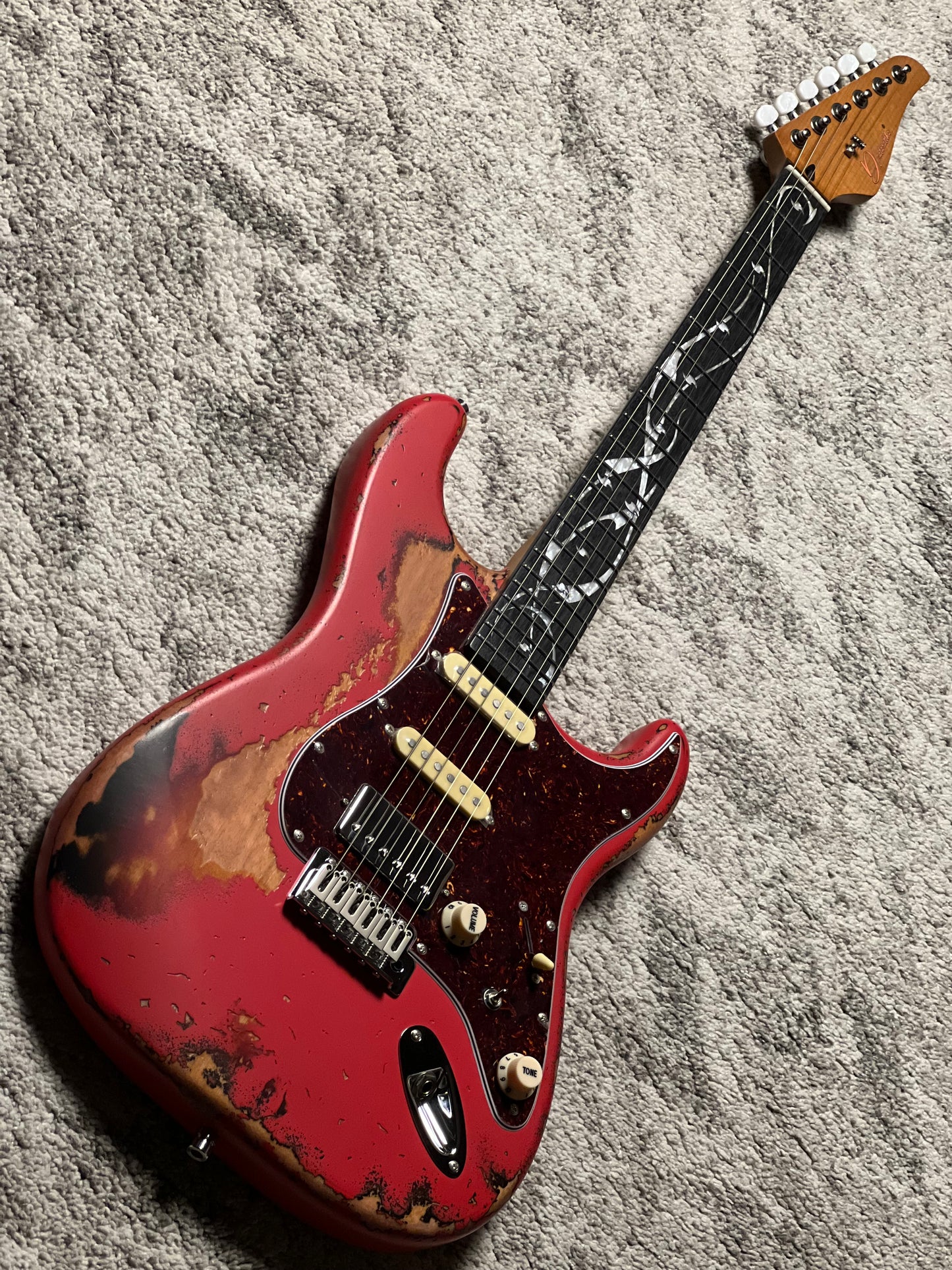 Dhatarattha Classic DST HSS in Fiesta Red Over Sunburst with Rosewood FB and Vines Artwork Inlay