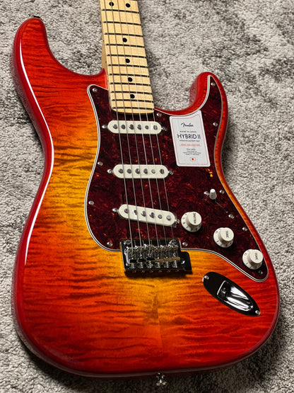 Fender Japan Hybrid II Stratocaster with Maple FB in Flame Sunset Orange Transparent JD24003542