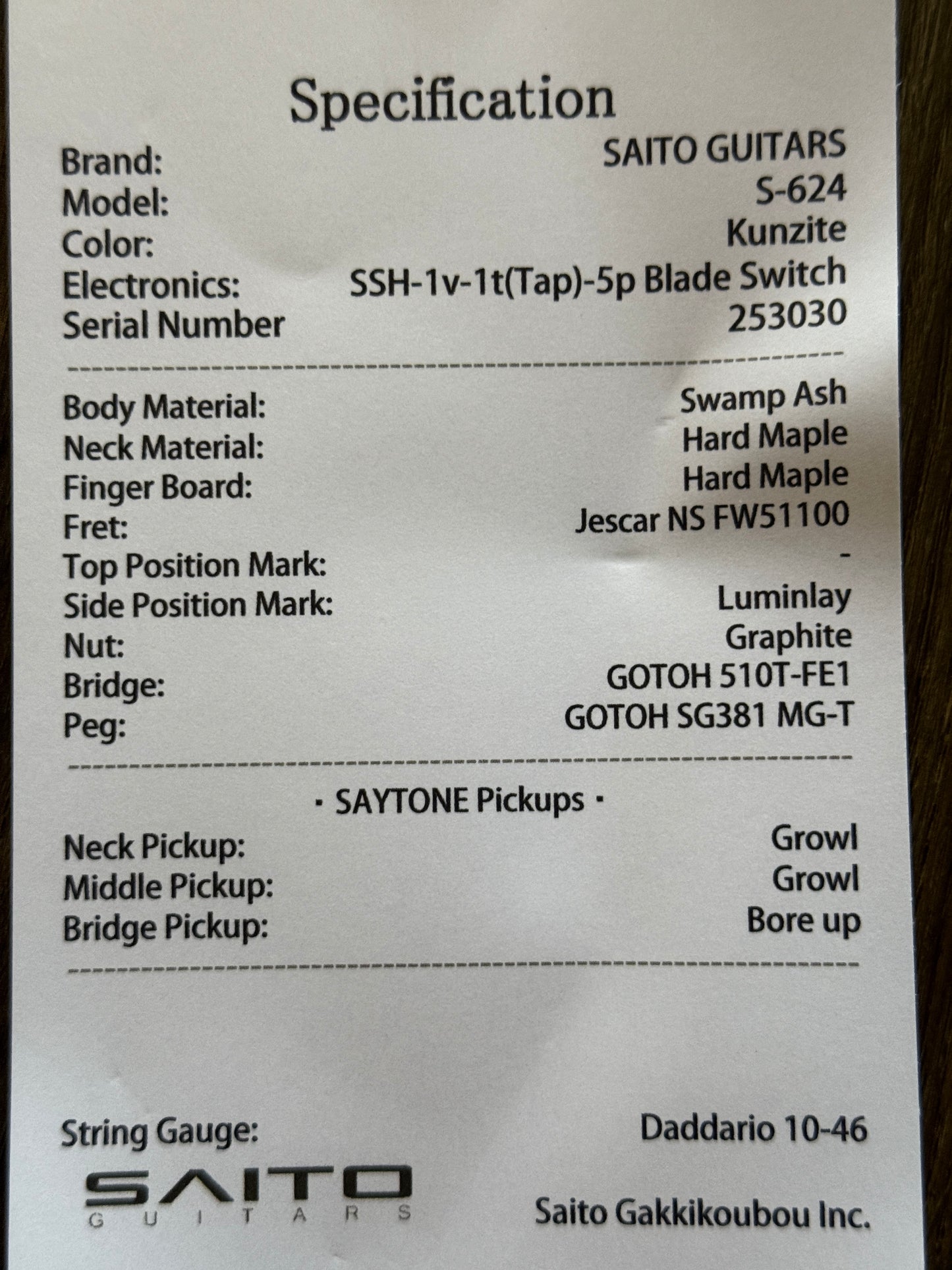 Saito S-624 SSH with Hard Maple and Gold Hardware in Kunzite 253030