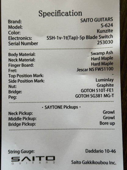 Saito S-624 SSH with Hard Maple and Gold Hardware in Kunzite 253030