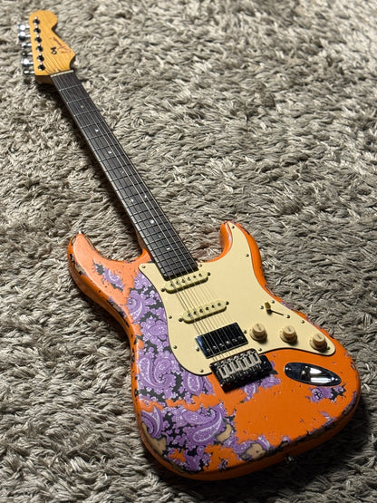 Dhatarattha Classic DST HSS in Capri Orange over Purple Paisley with Rosewood FB and Nitrocellulose Lacquer Relic
