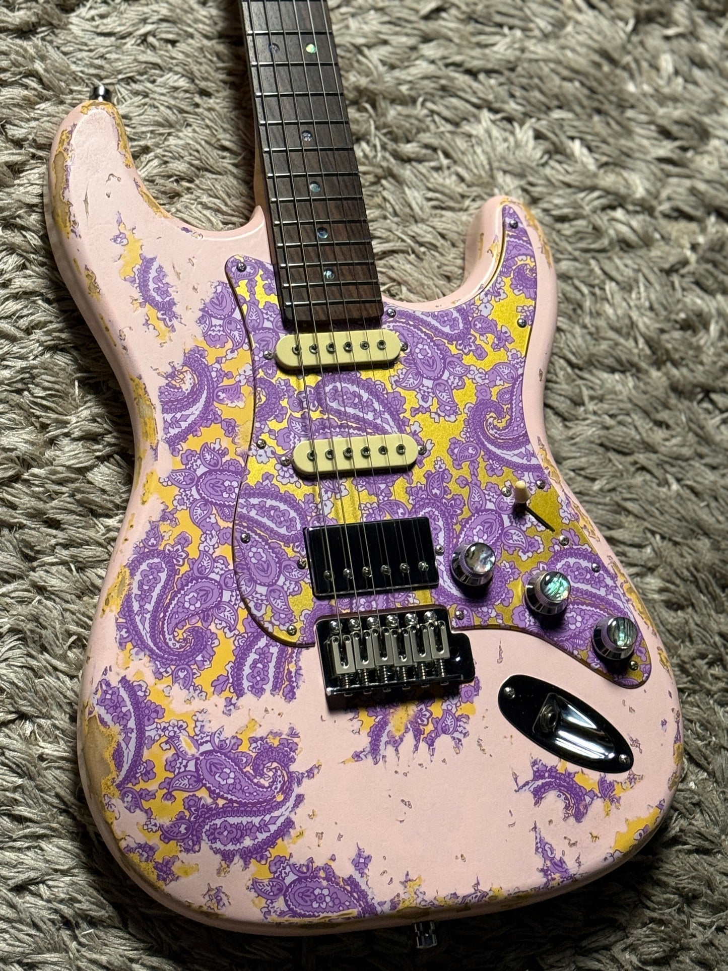 Dhatarattha Classic DST HSS in Faded Shell Pink over Purple Paisley with Rosewood FB and Nitrocellulose Lacquer Relic