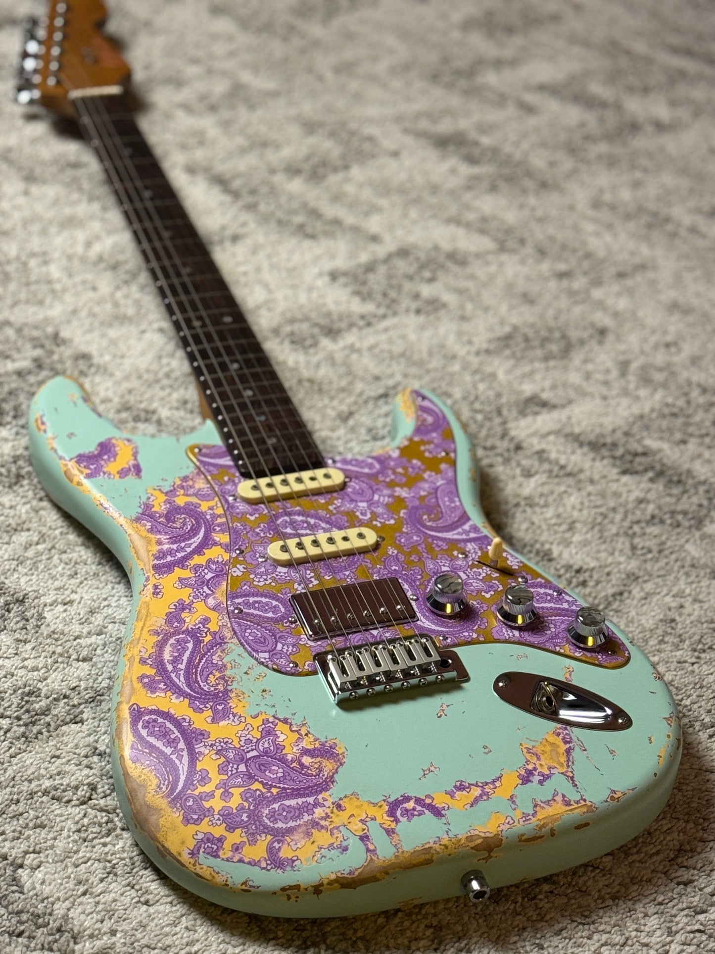 Dhatarattha Classic DST HSS in Surf Green over Purple Paisley with Rosewood FB and Nitrocellulose Lacquer Relic