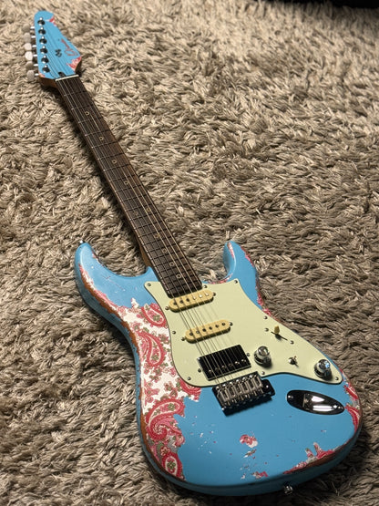 Dhatarattha Performance DST HSS in Daphne Blue over Pink Paisley with RW FB and Nitrocellulose Lacquer Relic