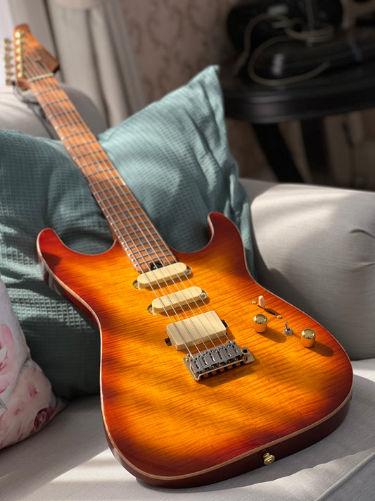 Soloking MS-1 Custom 22 HSS Flat Top One Piece Roasted Flame Neck in Bengal Burst Nafiri Special Run